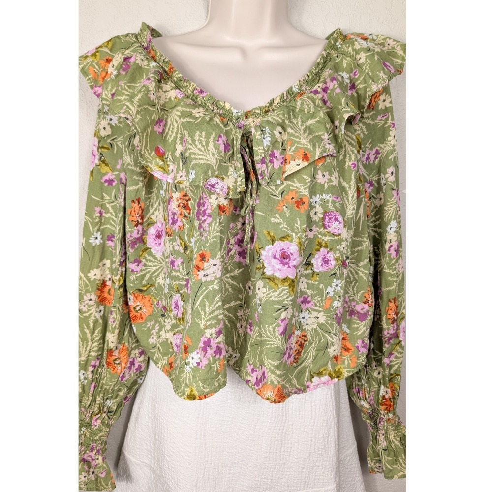 Anthropologie Floral Ruffle V Neck Blouse Green‎ Long Sleeve XS Loose Fit